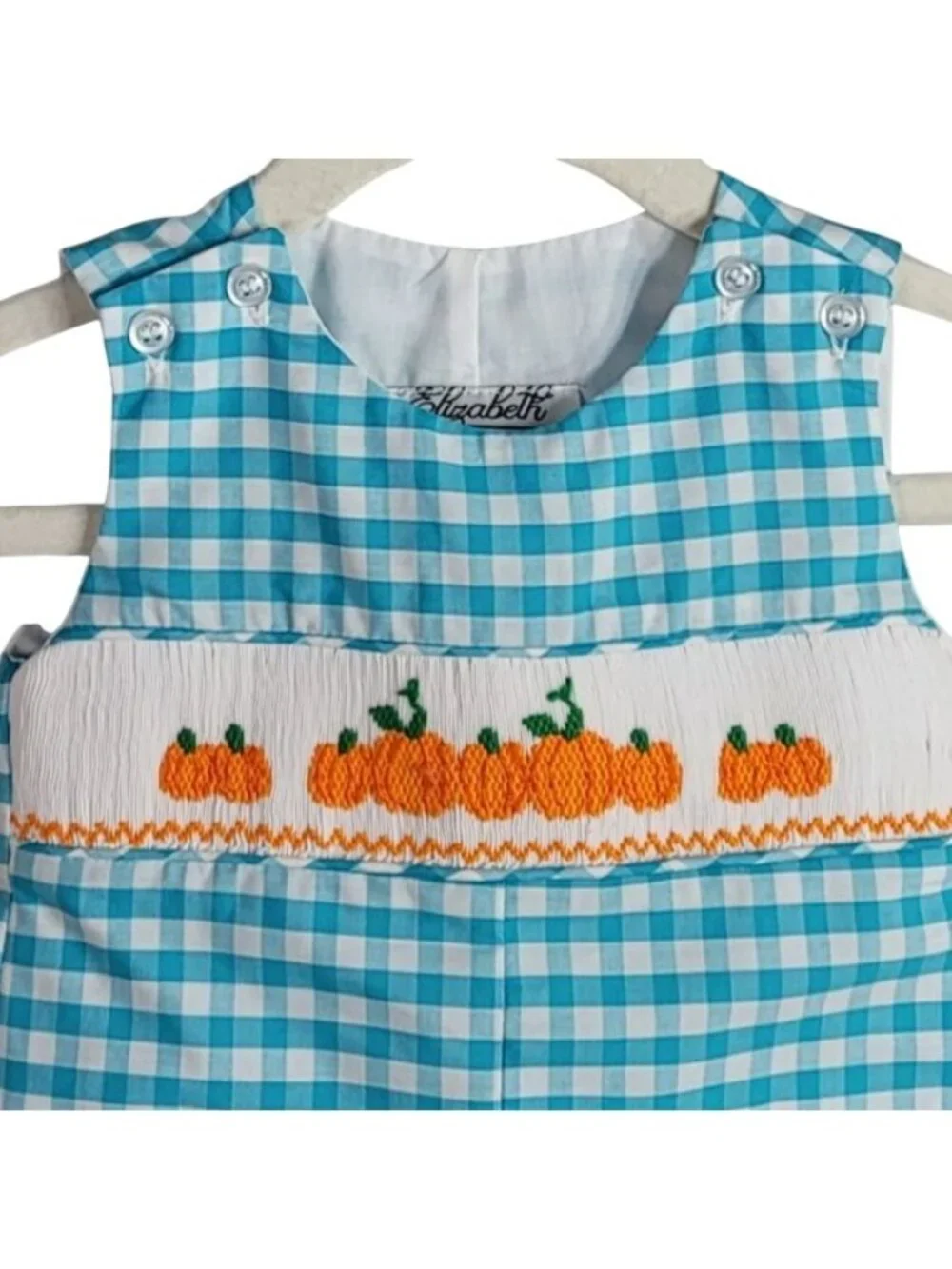 Elizabeth Ann Pumpkins Halloween One Piece Blue Newborn Gingham Embroidered